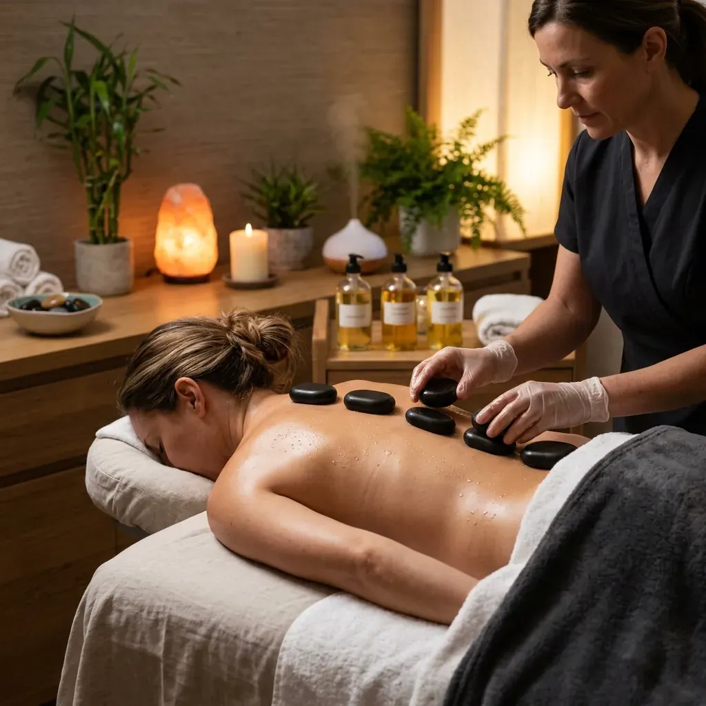 Các viên đá muối khoáng hồng Himalaya tự nhiên được nung nóng phát ra ánh sáng cam ấm áp trong phòng xông hơi