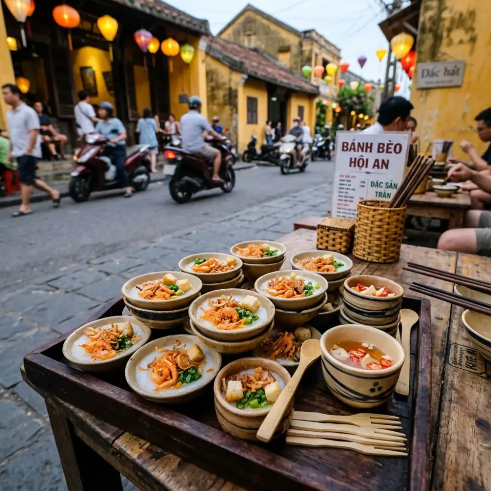 Khay bánh bèo Hội An nóng hổi chan nước nhưn tôm thịt sánh mịn rắc ram chiên giòn