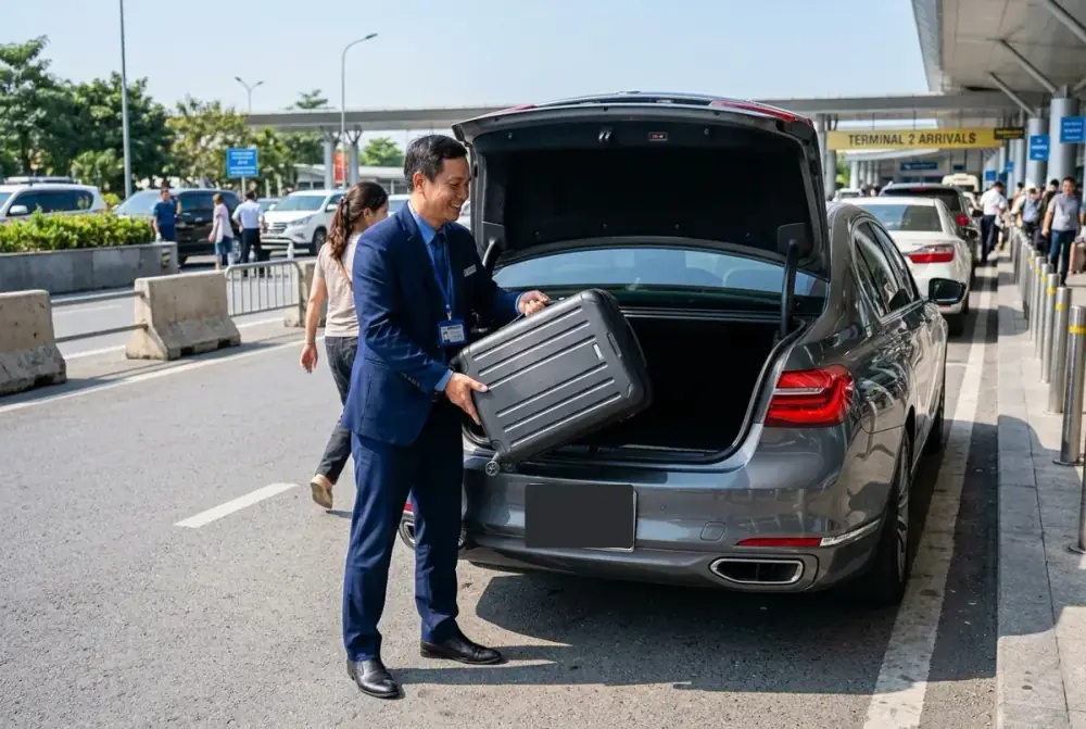Tài xế chuyên nghiệp hỗ trợ khách hàng xếp hành lý lên xe tại bãi đỗ sân bay Đà Nẵng