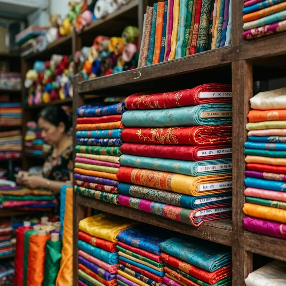Du khách lựa chọn các mẫu vải lụa tơ tằm cao cấp nhiều màu sắc tại tiệm may đo phố cổ Hội An