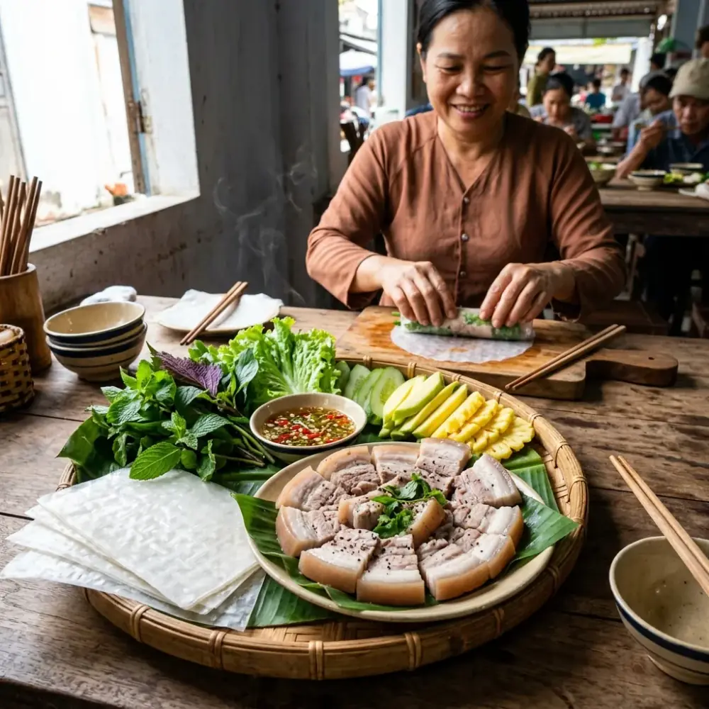 Mẹt bánh tráng cuốn thịt heo hai đầu da rau rừng và chén mắm nêm thơm lừng tại Đà Nẵng