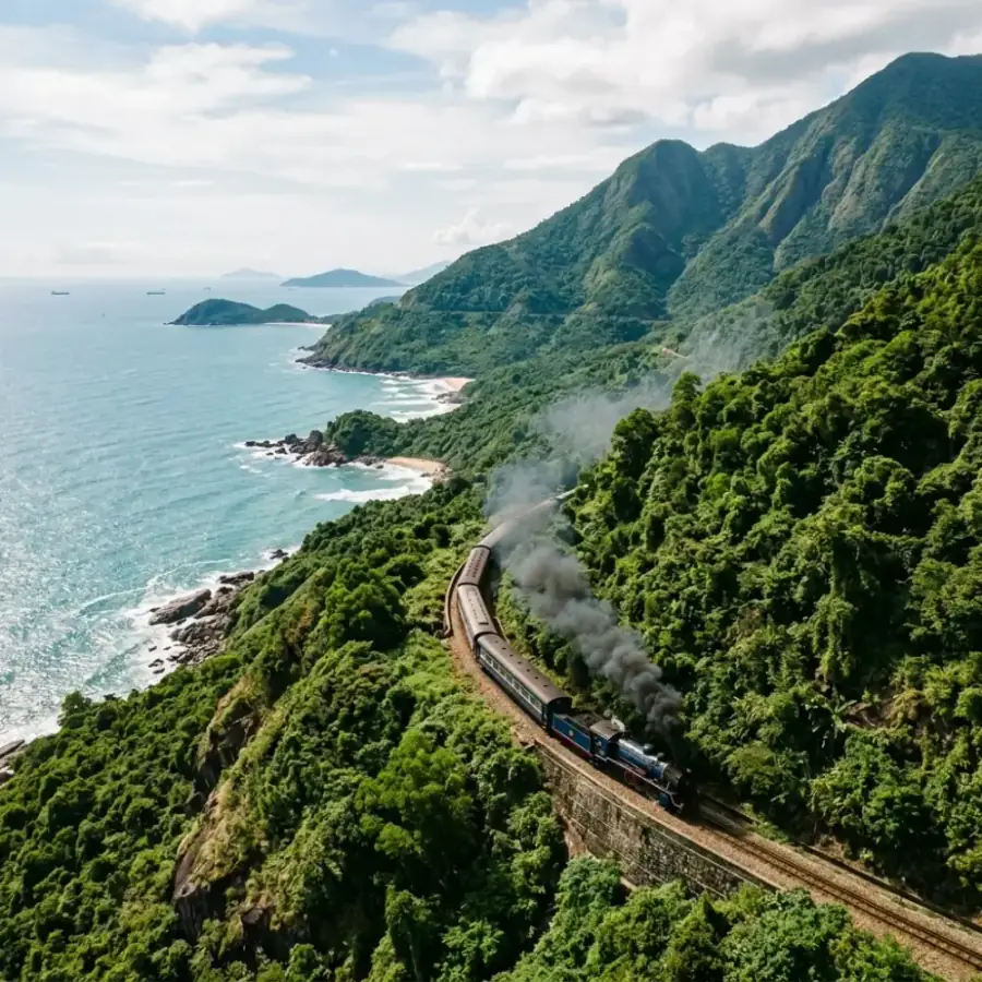 Đoàn tàu hỏa Bắc Nam uốn mình chui qua cầu vòm Đồn Cả dưới chân đèo Hải Vân giữa khung cảnh thiên nhiên hoang sơ