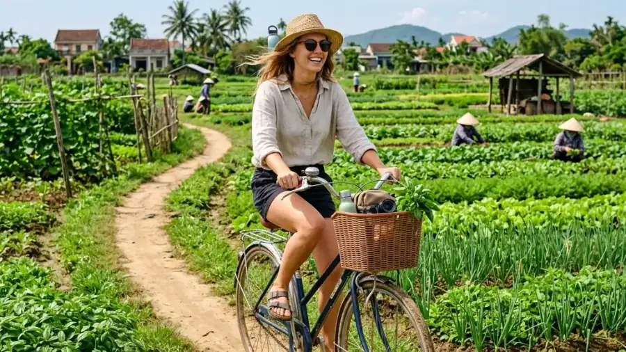 Du khách đạp xe thong dong trên con đường làng rợp bóng tre thanh bình tại Trà Quế