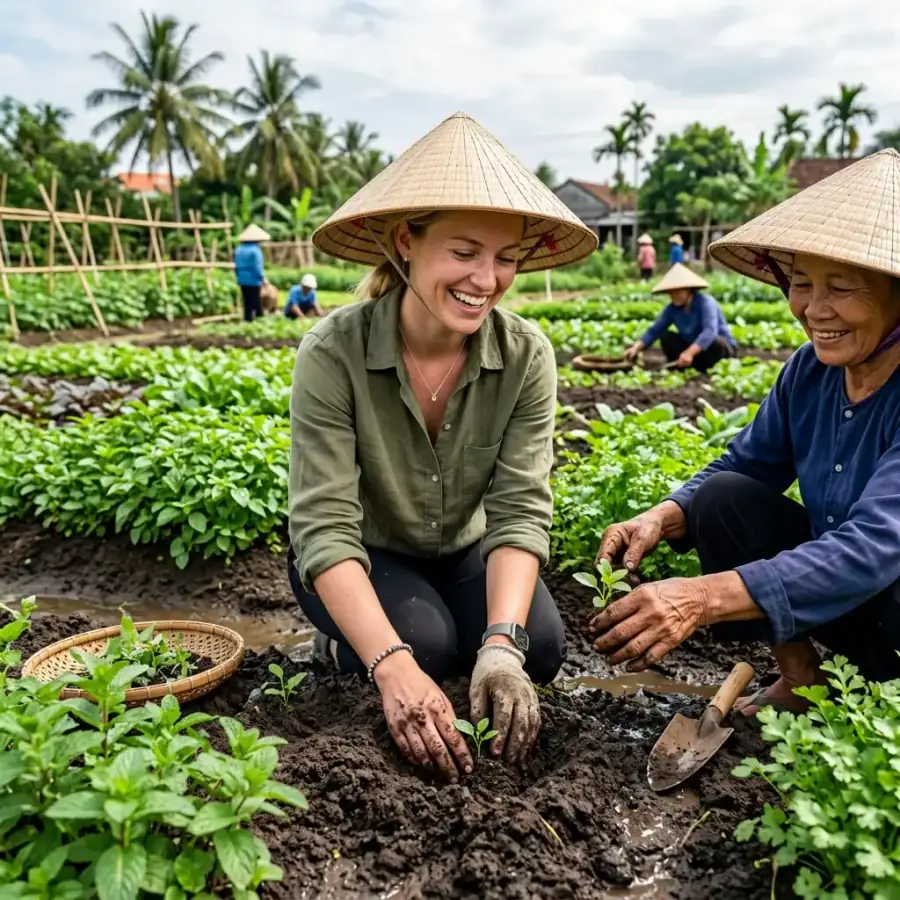 Du khách thích thú tham gia xới đất gieo hạt cùng nông dân tại làng rau Trà Quế