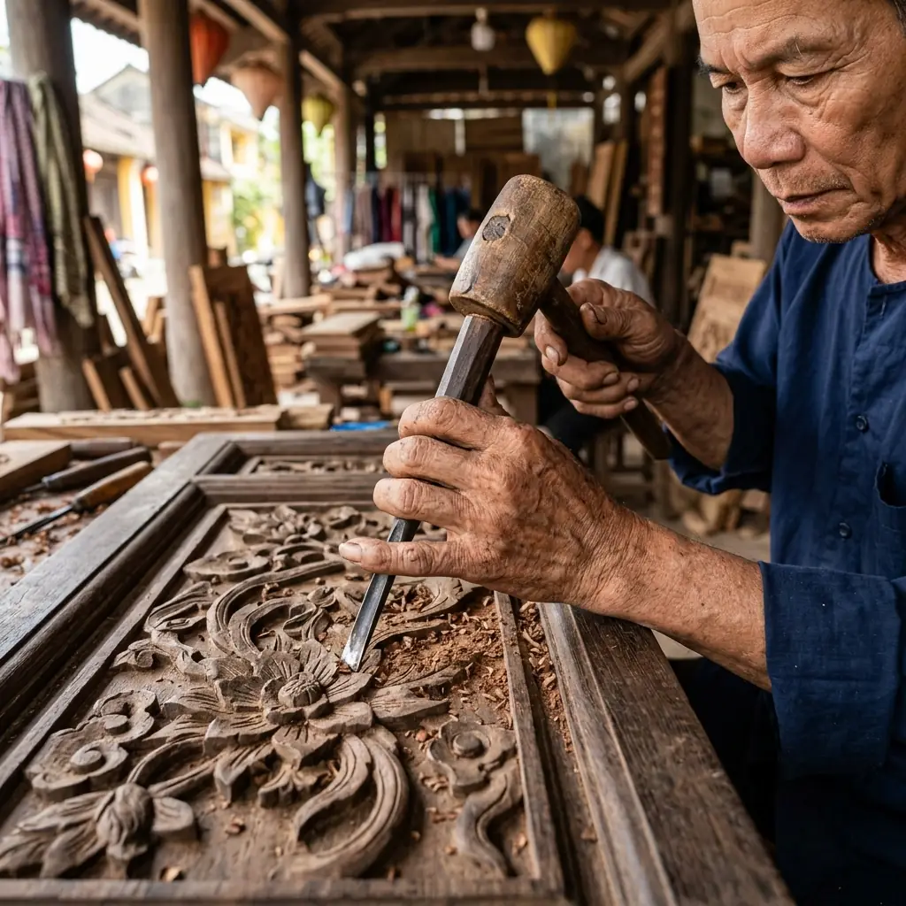 Bàn tay người thợ dùng đục chạm hoa văn trên tấm gỗ
