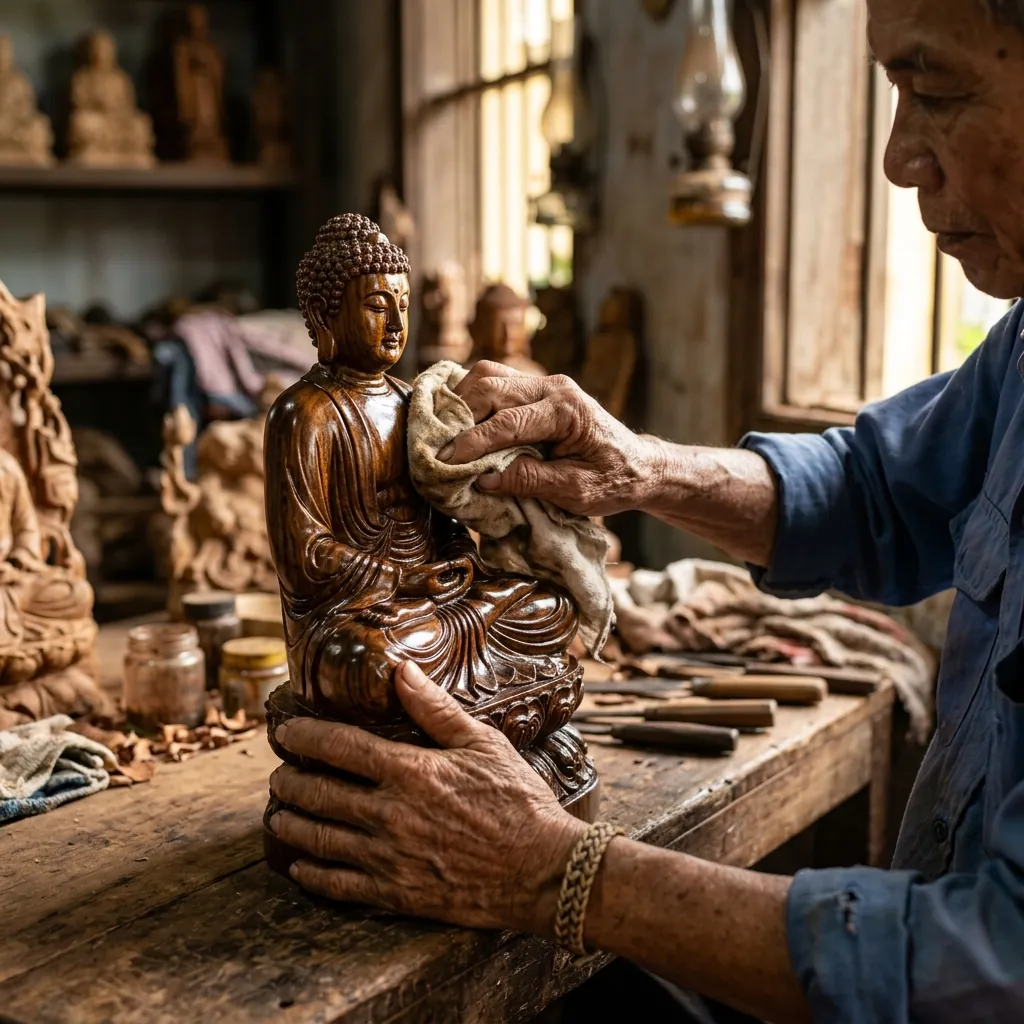 Nghệ nhân điêu khắc tỉ mỉ mài nhẵn và đánh bóng pho tượng đá cẩm thạch tại xưởng Non Nước