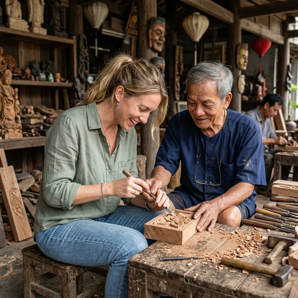 Du khách thử cầm đục chạm gỗ dưới hướng dẫn của thợ trong làng